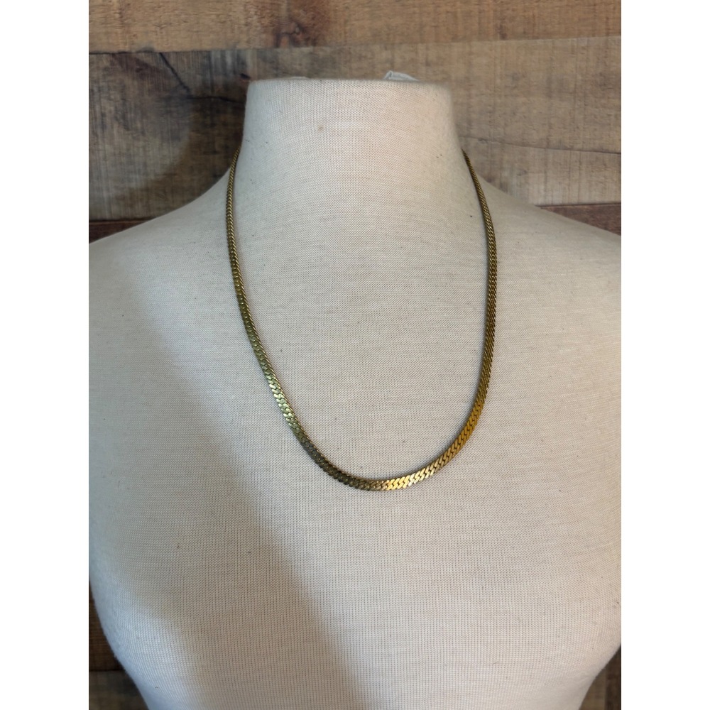 Vintage Gold Tone Herringbone Chain Necklace 22 Inch Flat Snake Link